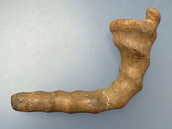 HIGHLIGHT 5" Snake Effigy Pipe, w/Snake Head at Top of Bowl, Found Cayuga Co., NY, Ex: Warder