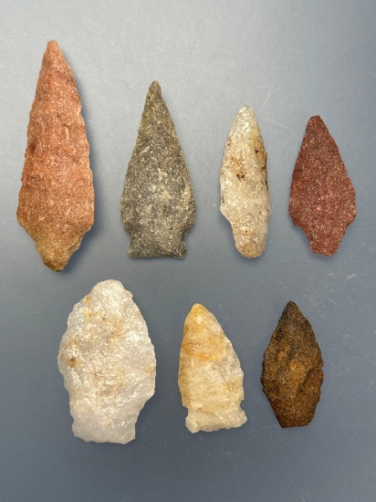 Lot of 7 Colorful Quartz and Quartzite Points, Found in PA and MD, Nice Selection, Longest is 2 3/4"