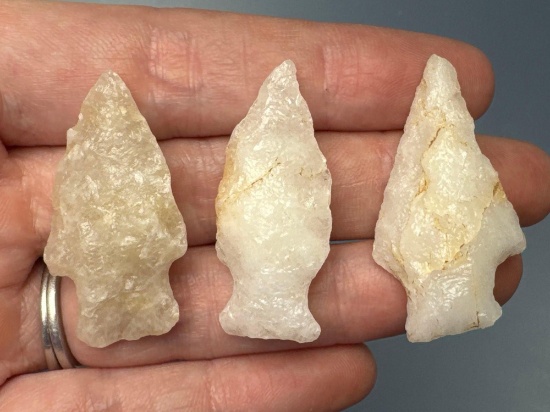 Lot of 3 Nice Quartz Stem Points, Found in Pennsylvania, Longest is 1 9/16"