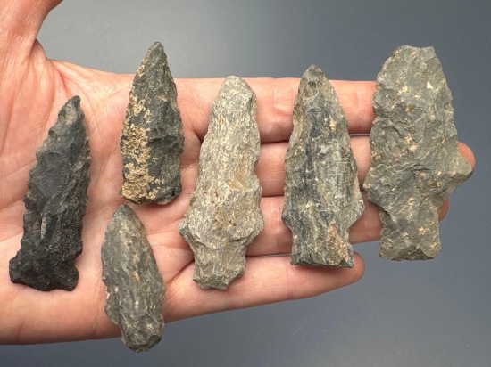 Lot of 6 Various Rhyolite Arrowheads, Points, Longest is 2 3/8", Found in PA