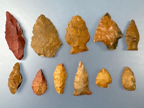 11 Arrowheads, Jasper Points, Longest is 2", Found in Pennsylvania
