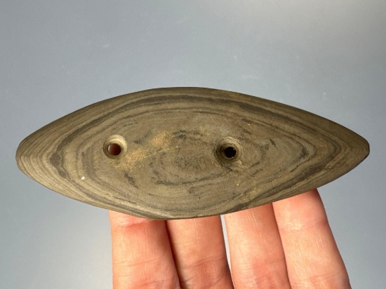 NICE 3 3/4" Banded Slate Gorget, Found in Wyoming Co., NY, Ex: Howdy Lang, Iron Horse Mickey Taylor