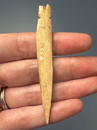 RARE 3" Notched Bone Needle/Awl, Found near Lamoka Lake, Schuyler Co., New York, Ex: Jack Phillips