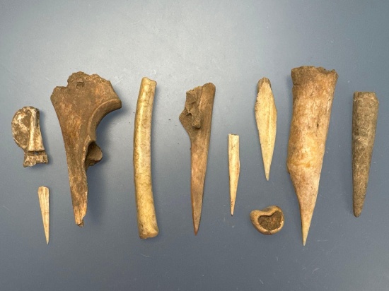 10 Bone Artifacts Found on the Mendota Site, Holston River, Washington Co., West Virginia
