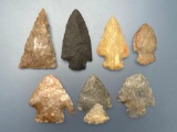 Lot of 7 Various Points, Flints and Chert, Central States, Longest is 2 3/16