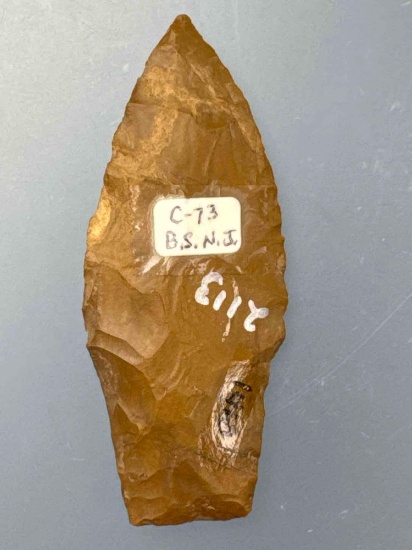 NICE 2 7/8" Stemmed Jasper Point, Lanceolate, Found in New Jersey, Ex: Bob Sharp