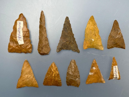 10 Fine Jasper Triangle Points, Found in Various PA Countines, Ex: Sutton, Longest is 2 1/4"