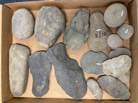 Box Lot of Various Tools, Artifacts, Hoes, Axes, Hammerstones, Net Sinkers, Found in PA and NJ,