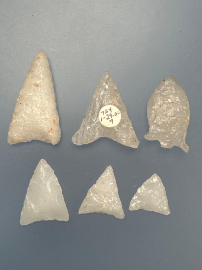 Lot of 6 Fine Quartz Points, Found in the Delaware River Valley in PA and NJ, Longest is 1 1/2"