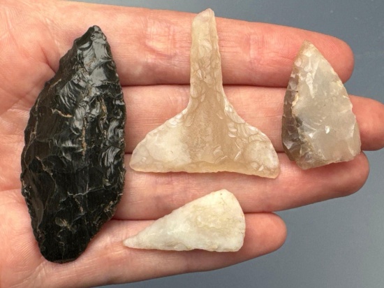4 Western US Points, Obsidian Agate, Longest is a 2 1/4" Point, Ex: Podpora