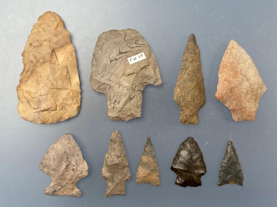 Lot of 9 Arrowheads, Found in Pennsylvania, Longest is 2 3/4", Ex: Atkins and Podpora