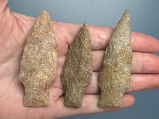 3 Quartzite Stem Points, Longest is 2 15/16", Found in Lancaster Co., PA, Ex: Ted Knieriem