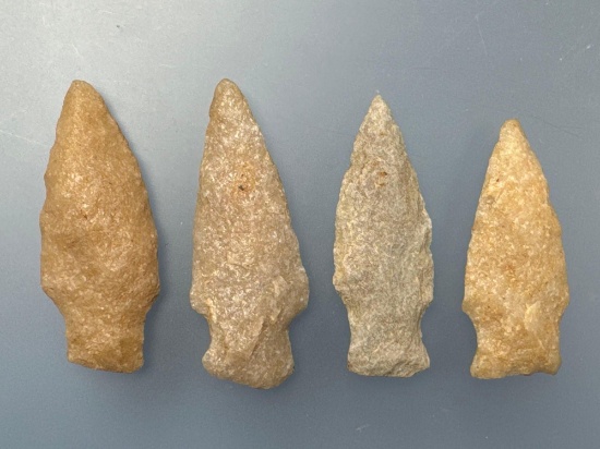 4 Quartzite Archaic Stem Points, Longest is 2 1/4", Found in Lancaster Co., PA, Ex: Ted Knieriem