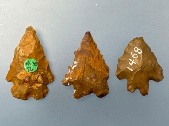 3 Fine Jasper Bifurcate Points, Longest 1 1/4", Found near Hellertown, Northampton Co., PA,