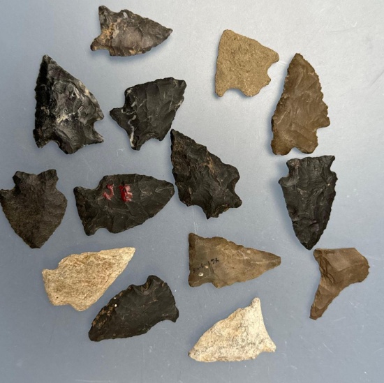 14 Various Arrowheads, Longest 1 3/8", Found near Hellertown, Northampton Co., PA,