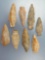 8 Nice Quartzite Archaic Stem Points, Longest is 3 1/16