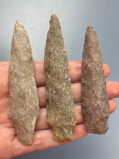 3 NICE Quartzite Stemmed Points, Bare Island, Poplar Island, Longest 3 5/8", Found in Lancaster