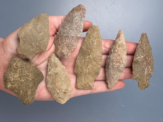 7 Quartzite Points, Various Styles, Archaic, Longest is 2 15/16", Found in Lancaster Co., PA