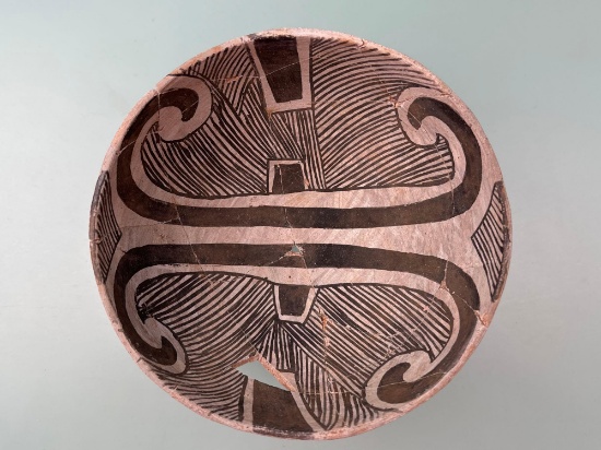 HIGHLIGHT 7 1/2" x 3 3/4" Anasazi Black on White Bowl w/Design, Broken+Reglued, Arizona