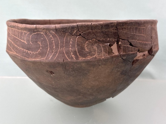 SUPERB 10" x 6" Caddo Pottery Vessel, Impressive Designs, Broken and Re-Glued, Found in Arkansas,