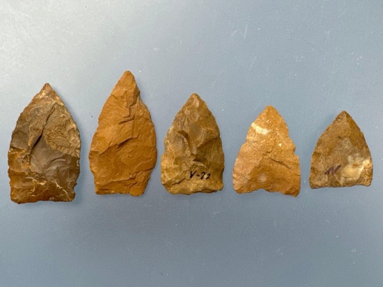 5 Various Pentagonal Points, Triangles, Longest is 1 5/8", JASPER, Found in New Jersey, Ex: Podpora