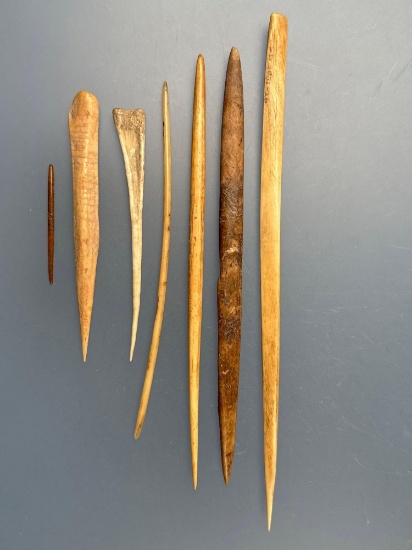 Lot of 7 Various Bone Tools, Awls, Pins, Great Examples, x1 is Perforated! Longest is 7 1/2"