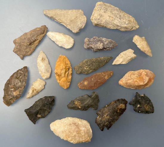 20 Various Arrowheads, Found in Sussex Co., Delaware, Longest is 2 5/8"