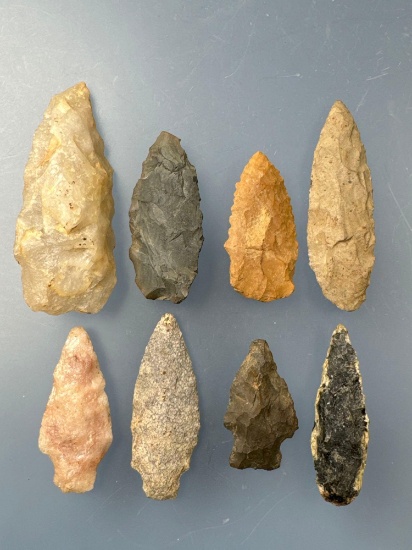 8 Fine Arrowheads, Found in Sussex Co., Delaware, Longest is 3 3/16"