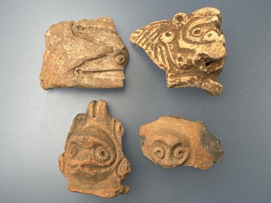 4 Pre-Columbian, Taino Pottery Face Effigies, Longest is 2 1/4"
