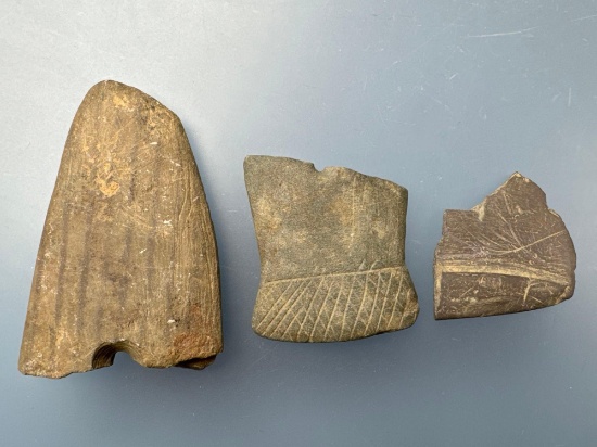IMPRESSIVE Incised and Broken Pendant/Gorget Pieces, Semi-Lunar Knife Piece, Incised Pendant, Found