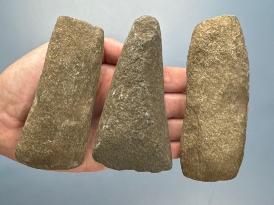 3 Celts and Adzes, Longest is 4 1/8", Found in Durham, Connecticut on the Lone Pine Site