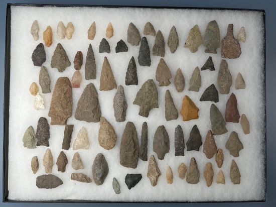 Large Frame of Various Arrowheads, Points, Longest is 3", Found in Connecticut