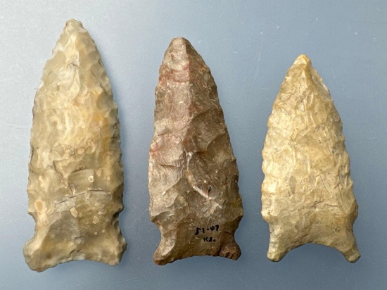 3 Well-Made Points, Longest is 2 3/8", Found in Leavenworth Co., Kansas by Terry Miller