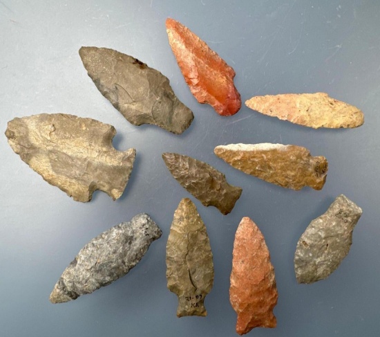 10 Various Arrowheads, Nice Examples, Longest is 2 5/8", Found in Leavenworth Co., Kansas