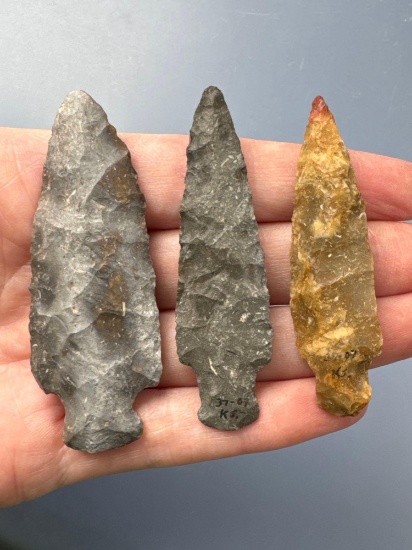 3 Nice Stemmed Points, Longest is 2 3/4", Found in Leavenworth Co., Kansas by Terry Miller