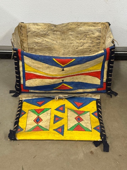 18" x 10" x 10" Hide Box, Plains Indian, Painted, w/15" Matching Pouch/Bag, Native American