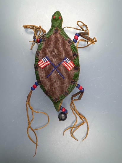 EARLY Beaded Native American Indian Turtle, US Flags, Cord Fetish, Nice Condition, 7"