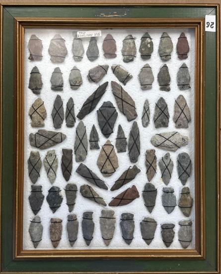 FINE Frame of 58 Arrowheads, Found in Berks Co., Pennsylvania, Longest 3", Ex: Bob Bausher