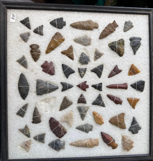 Frame of 45 Arrowheads, Found in Pennsylvania, Longest 2 15/16", Ex: Bob Bausher Collection