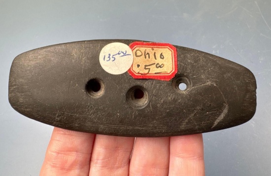 NICE 3 5/8" 3- Hole Drilled Slate Gorget, Found in Ohio, Old Collectors Label, Ex: Small Collection