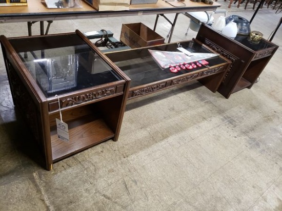 SET OF GLASSTOP COFFEE TABLE AND 2 END TABLES