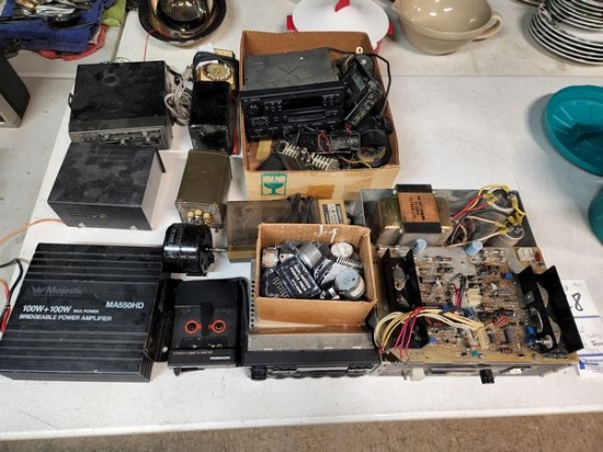 LOT OF VINTAGE ELECTRONICS AND MISC - 8 TRACK ITEMS, AMP, TRANSFORMERS ETC