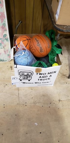 BOX OF ASSORTED BALLS AND NET