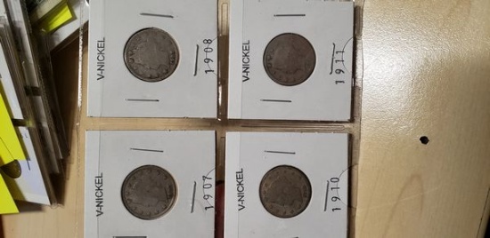 SET OF 4 V NICKELS 1907, 1908, 1910 AND 1911