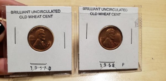 SET OF (2) 1957-1958 BRILLIANT UNCIRCULATED OLD WHEAT PENNIES