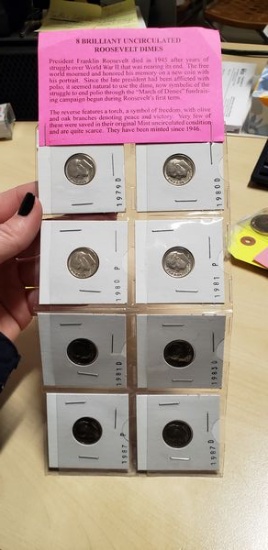 LOT OF 8 BRILLIANT UNCIRCULATED ROOSEVELT DIMES 1979, 1980, 1981, 1983, 1987