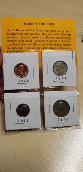 PROOF SET OF COINS 1964, 1961, 1972, 1974
