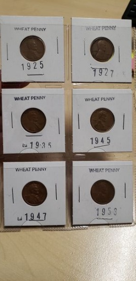 SET OF 6 WHEAT PENNIES 1925, 1927, 1935, 1945, 1947, 1953