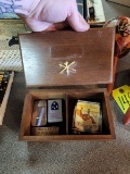 WOOD BOX WITH CAMEL CIGARETTES AND 2 LIGHTERS