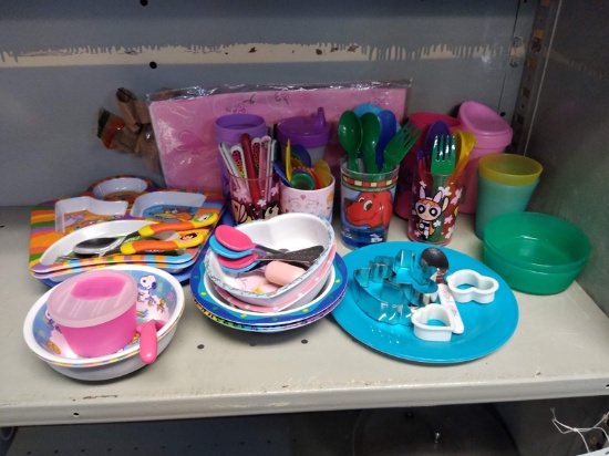 LOT OF TODDLER PLATES, CUPS AND SILVERWARE